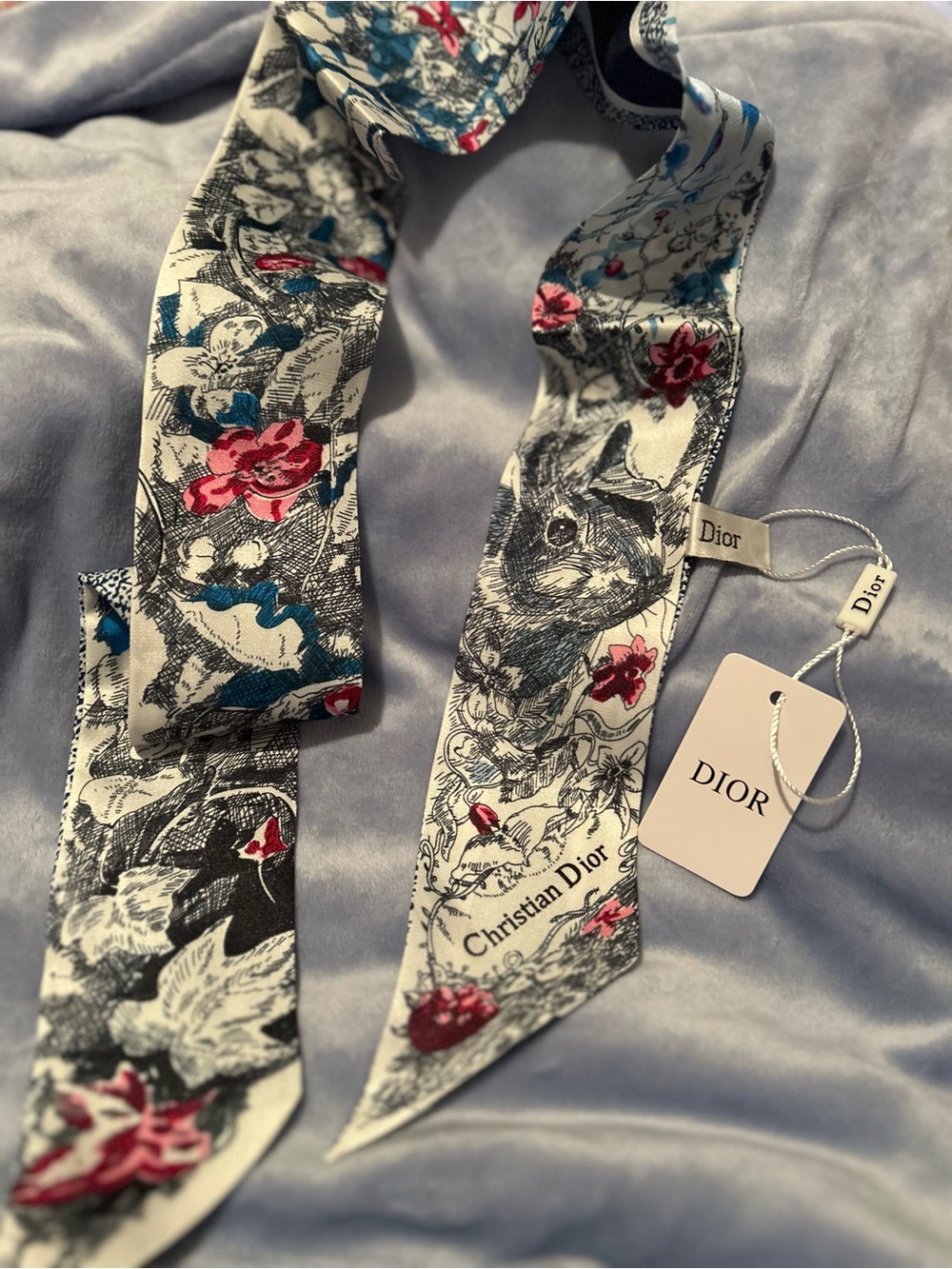 Floral Print Silk Twilly Scarf - White with Pink & Blue Accents